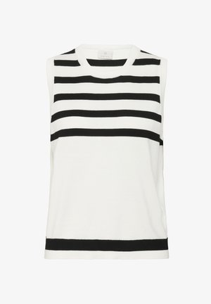 Ärmelloses Oberteil in Weiß mit schwarzen horizontalen Streifen und einem einfarbigen schwarzen Saum. Aus weichem Stoff mit rundem Ausschnitt und lässiger Passform gefertigt.