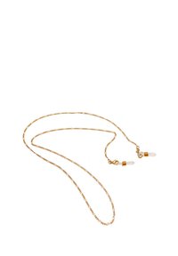 Collana in oro con maglie delicate, con due accenti di perle bianche e chiusura a moschettone. Texture liscia e design leggero.