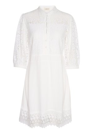 Hvid kjole med lange ærmer af blonde, knaplukning og blomsterblonde kant i sømmen. Glat stof med en afslappet pasform.