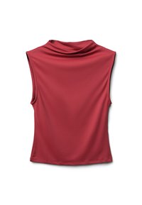 Top senza maniche rosso realizzato in tessuto liscio, con scollatura drappeggiata e silhouette aderente, rifinito con bordi puliti e senza decorazioni visibili.