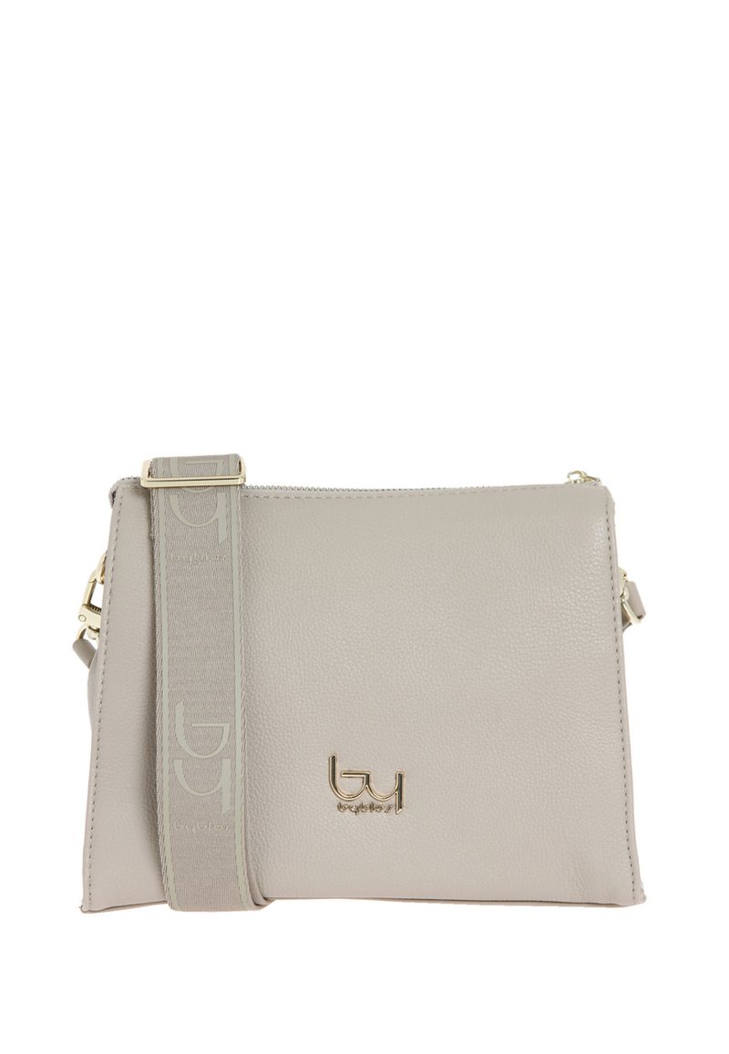 Borsa a tracolla in pelle grigia con logo dorato, tracolla regolabile con stampa logo e chiusura con zip. Texture liscia con design minimalista.