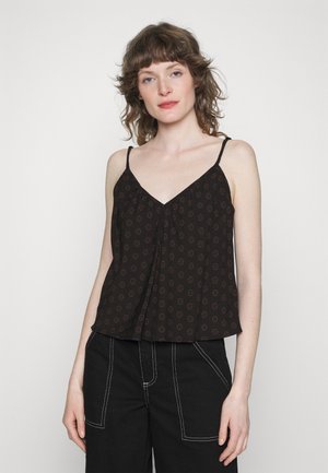 Top preto sem mangas com decote em V, design franzido e padrão floral em tons mais claros. Acentuado com alças finas e ajustáveis.