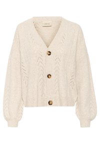 Krémový pletený kardigan s výstřihem do V, třemi hnědými knoflíky a strukturovanými chevronovými vzory. Balónové rukávy a zkrácený střih.