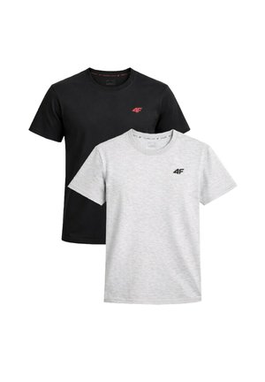 Two short-sleeve crew neck t-shirts, one black with red "4F" logo, one light gray with black "4F" logo, displayed overlapping on white background.
