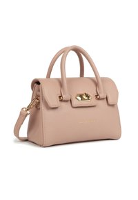 Petit sac à main en cuir rose pâle avec doubles poignées, fermeture à tourniquet dorée, bandoulière détachable et logo de marque en relief subtil.