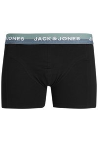 Boxer shorts negros con una cinturilla elástica de color azul claro y gris que presenta el logotipo "JACK & JONES", textura suave y diseño ajustado.