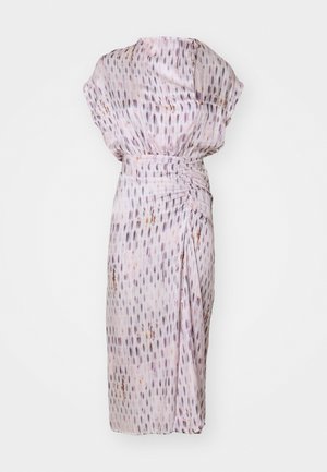Light purple dress with a relaxed fit, featuring a textured fabric, vertical patterns, and a gathered waist for shaping.