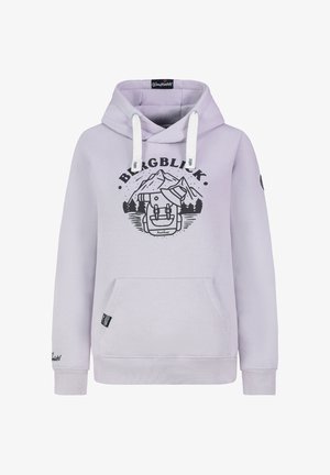 Hellvioletter Kapuzenpullover mit Kordelzugkapuze, Fronttasche und schwarzem Berggrafikdruck mit Rucksack. Gerippte Bündchen und Saum.