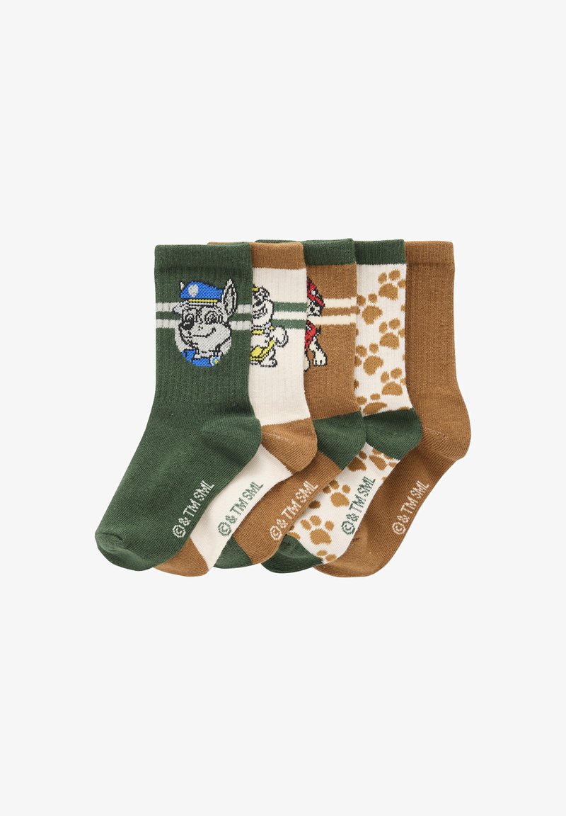 Fünf Paar bunte Socken: grün, braun und creme mit Cartoon-Hundedesigns, Streifen und Punkten. Hergestellt aus weichem Strickmaterial.