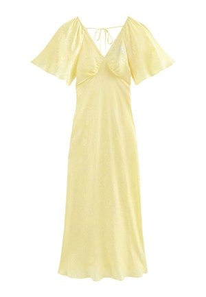 Yellow satin midi dress with V-neck, flutter sleeves, back tie closure, and subtle floral texture.