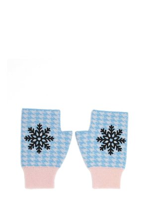 Guanti senza dita blu e rosa con disegni di fiocchi di neve neri sulla parte posteriore e un motivo a quadri galletti in tutta l'area blu.