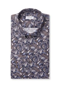 Chemise à manches longues avec boutons, motif cachemire bleu, marron et blanc, pliée avec col visible et boutons marron.