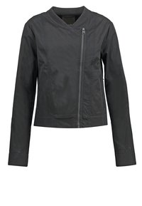 Veste légère noire pour femme avec fermeture éclair asymétrique à l'avant et manches longues.