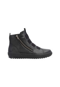 Bottine en cuir noir avec des sangles élastiques, fermeture éclair latérale, finition texturée et semelle en caoutchouc. Design épuré avec un matériel minimal.