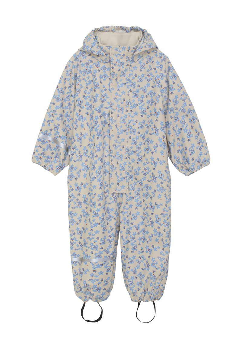 Blommönstrad vadderad jumpsuit i kräm och ljusblå, med huva, elastiska ärmslut och justerbara benremmar för säker passform.