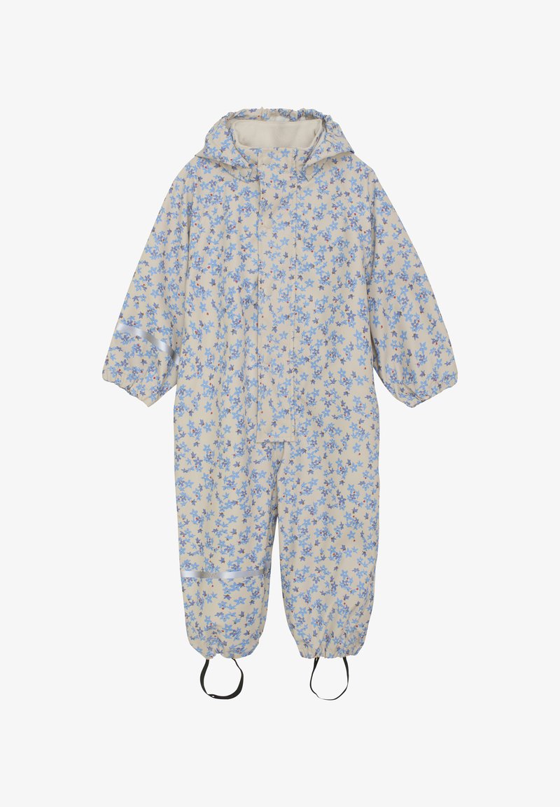 Kombinezon z kwiatowym wzorem w kolorze kremowym i jasnoniebieskim, z kapturem, elastycznymi mankietami i regulowanymi paskami na nogawkach dla pewnego dopasowania.