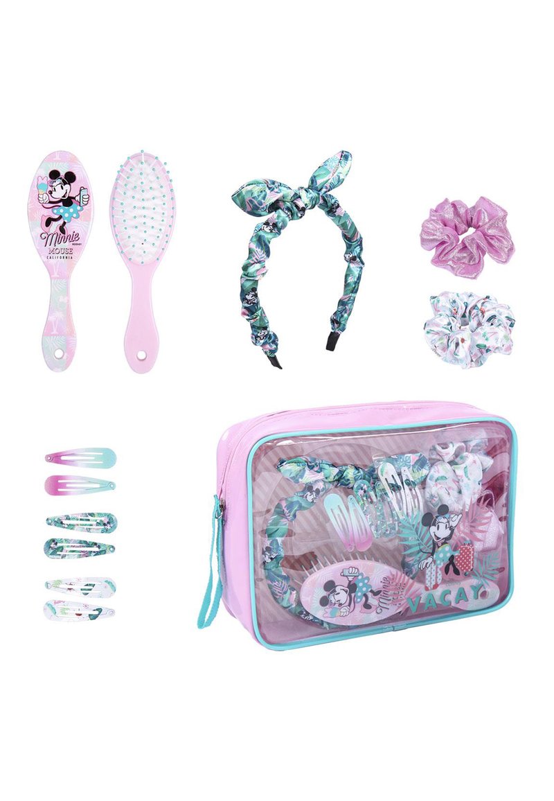 Ein pinkes Haaraccessoire-Set, das eine Minnie-Maus-Bürste, ein gestricktes Haarband, Haargummis, Haarspangen und eine transparente Aufbewahrungstasche beinhaltet.