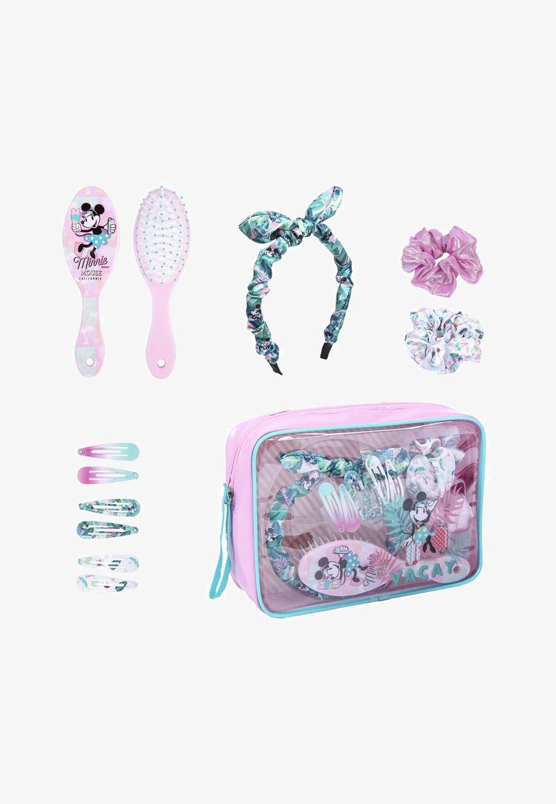 Ein pinkes Haaraccessoire-Set, das eine Minnie-Maus-Bürste, ein gestricktes Haarband, Haargummis, Haarspangen und eine transparente Aufbewahrungstasche beinhaltet.