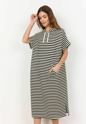 Striped hooded dress in black and cream, mid-length, with short sleeves and pockets; features side slits for comfort and ease of movement.