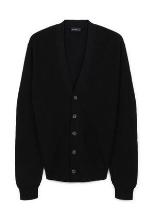 Schwarze Knopfleiste Strickjacke mit langen Ärmeln, gerippten Bündchen und V-Ausschnitt, flach auf einem weißen Hintergrund präsentiert.