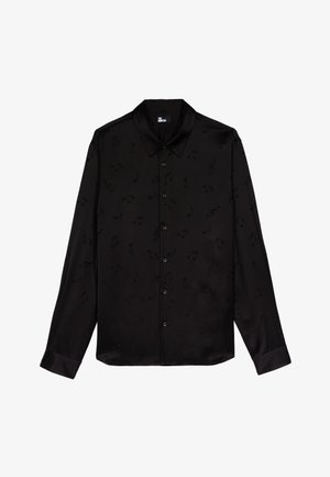 Zwarte blouse met lange mouwen van satijn, voorzien van een reliëfprint van muzikale noten, met een volledige knoopsluiting aan de voorkant en een klassieke kraag. Gladde textuur.