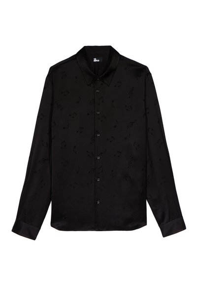 Schwarzes Langarmshirt aus Satin mit erhabenen musikalischen Notenmuster, durchgängige Knopfleiste und klassischem Kragen. Glatte Textur.