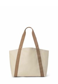 Grande borsa tote color crema con spallacci marroni a contrasto, caratterizzata da un design semplice e privo di decorazioni e da un materiale resistente.