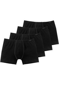 Czarne bawełniane bokserki w opakowaniu po cztery, z wąską elastyczną gumką w pasie i kontrastującymi białymi szwami.