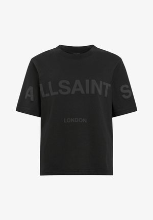 Svart bomullströja med rund hals, korta ärmar, med en matt finish och stora texter som säger "ALLSAINTS" och "LONDON."