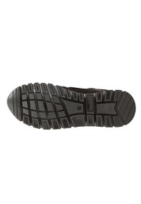 Black rubber shoe sole with textured tread pattern. Features wide, deep grooves for traction and a rounded toe design.