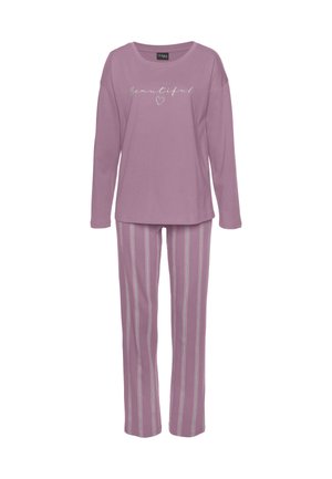 Long-sleeve purple top with "You are beautiful" text and heart, paired with purple striped pajama pants.