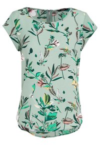 Blusa verde a maniche corte con un motivo floreale caratterizzato da accenti rosa, gialli e verde scuro. Texture liscia con scollatura rotonda.