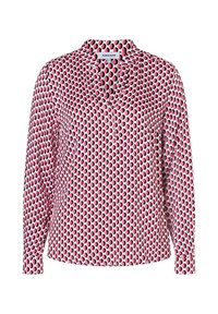 Langärmlige Bluse aus leichtem Stoff mit einem pinken und schwarzen kreisförmigen Muster, V-Ausschnitt und Knopfleiste.