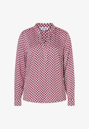 Langärmlige Bluse aus leichtem Stoff mit einem pinken und schwarzen kreisförmigen Muster, V-Ausschnitt und Knopfleiste.