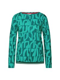 Grön långärmad topp med ett geometriskt mönster i olika nyanser av grönt, med rundad halslinning och elastisk nederkant.