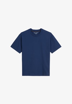 Marineblauwe katoenen t-shirt met een ronde hals, korte mouwen en een eenvoudig ontwerp. Heeft een rechte zoom en minimale stikseldetails.