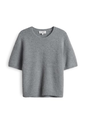 Korte mouwen, ronde hals sweater van zacht lichtgrijs materiaal met een textuurafwerking en een ontspannen pasvorm. Geen zichtbare patronen of hardware.