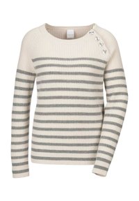 Gestreifter Strickpullover in Creme und Grau mit einem runden Ausschnitt und vier dekorativen Knöpfen an der linken Schulter. Weiche Textur.