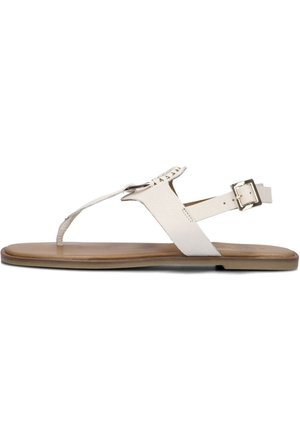 White leather flat sandals with a thong design, adjustable ankle strap, and tan outsole, featuring a subtle woven detail at the toe.