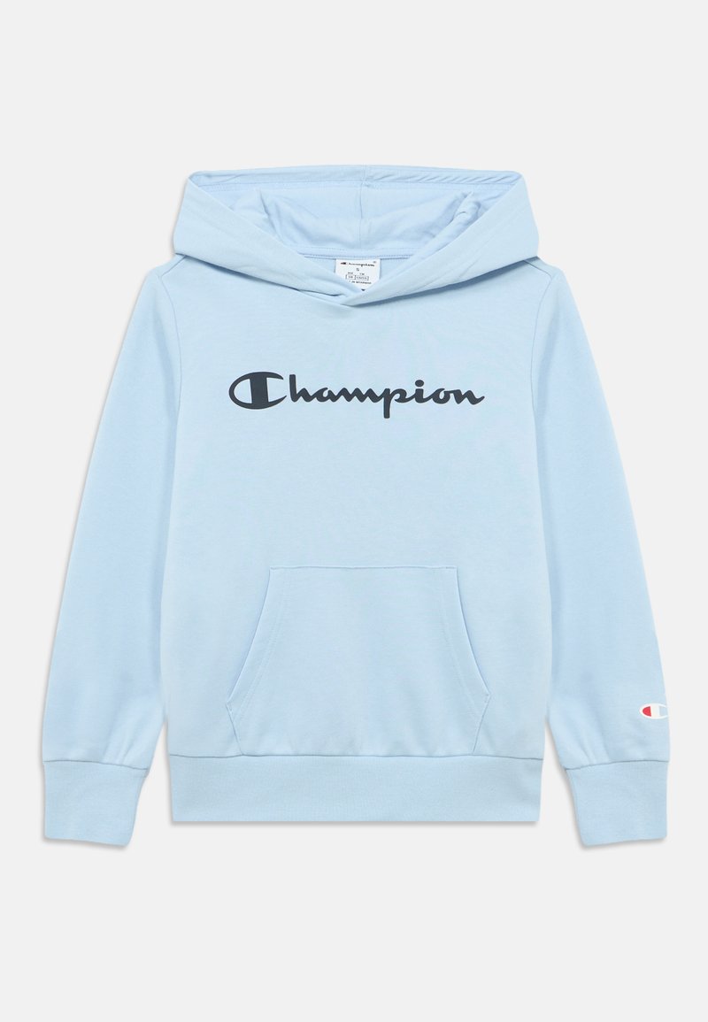 Sweat à capuche bleu clair en coton, avec une poche kangourou à l'avant et un logo "Champion" noir sur la poitrine. Poignets et ourlet côtelés.