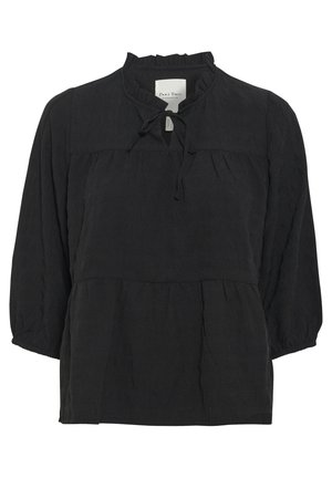 Black textured blouse with a ruffled collar and tie-front detail. Features three-quarter sleeves and a flowy bodice with gathered accents.