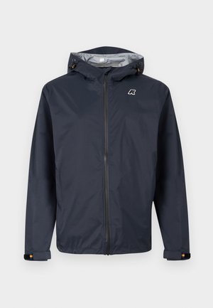 Marineblaue wasserdichte Kapuzenjacke mit Frontreißverschluss, verstellbaren Bündchen und kleinem Logo auf der Brust.