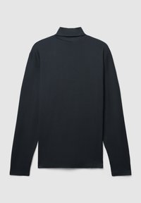 Polo nera a manica lunga, tessuto morbido, collo alto, design semplice, senza motivi o accenti, vista posteriore liscia, orlo dritto, stile minimalista.