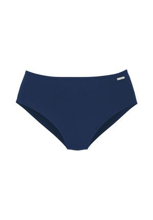 Navyblå bikiniunderdel til kvinder med et lille metalbrandmærke på højre side.