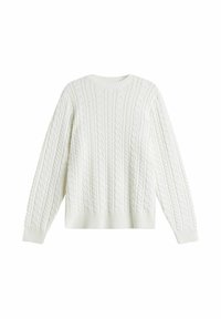 Valkoinen palmikkoneulepaita pyöreällä pääntiellä, pitkät hihat sekä resorit hihoissa ja helmassa, esiteltynä tasaisena valkoisella taustalla.