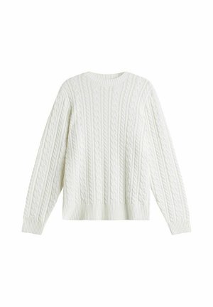 Weißer Pullover mit Zopfmuster, Rundhalsausschnitt, langen Ärmeln sowie gerippten Bündchen und Saum, flach auf weißem Hintergrund präsentiert.