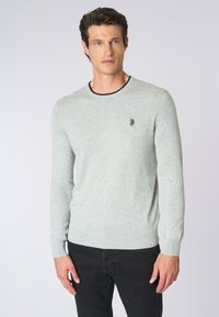 Maglioncino grigio chiaro in materiale lavorato a maglia, con maniche lunghe, scollatura a girocollo con profilo nero a contrasto e un piccolo logo sul petto.