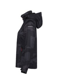 Zwarte softshell jas met een capuchon, voorzien van een geometrisch patroon, een ritssluiting aan de zijkant en elastische manchetten voor aanpassing.