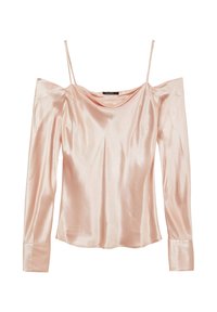Satin-Bluse mit schulterfreiem Schnitt in Hellrosa. Lange Ärmel mit knöpfbaren Manschetten. Glatte Textur mit drapiertem Halsausschnitt und lockerer Passform.