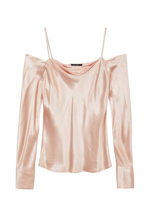 Blusa in satin off-shoulder di colore rosa chiaro. Maniche lunghe con polsini abbottonati. Tessuto liscio con scollatura drappeggiata e vestibilità rilassata.
